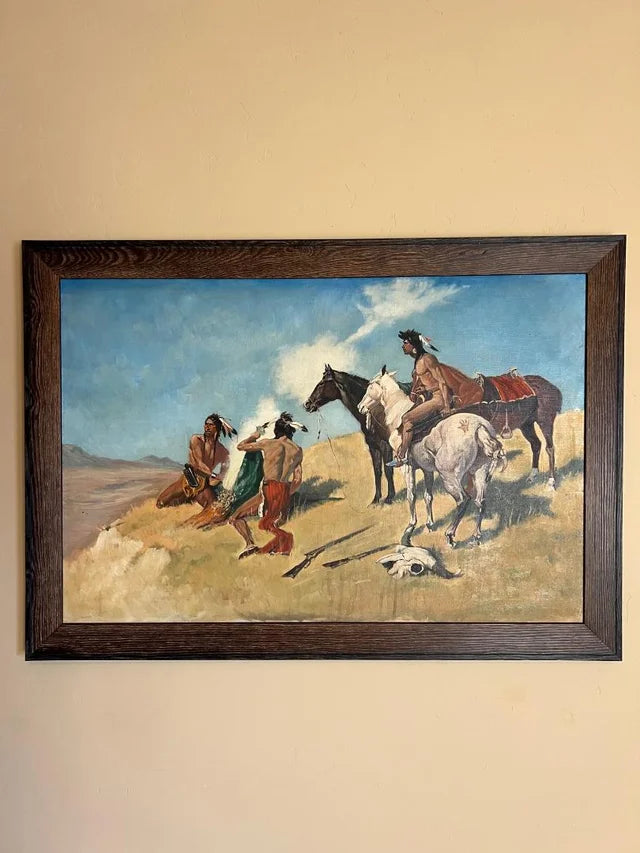 Vintage Painting Oil on Canvas Native American Indians & Horses
