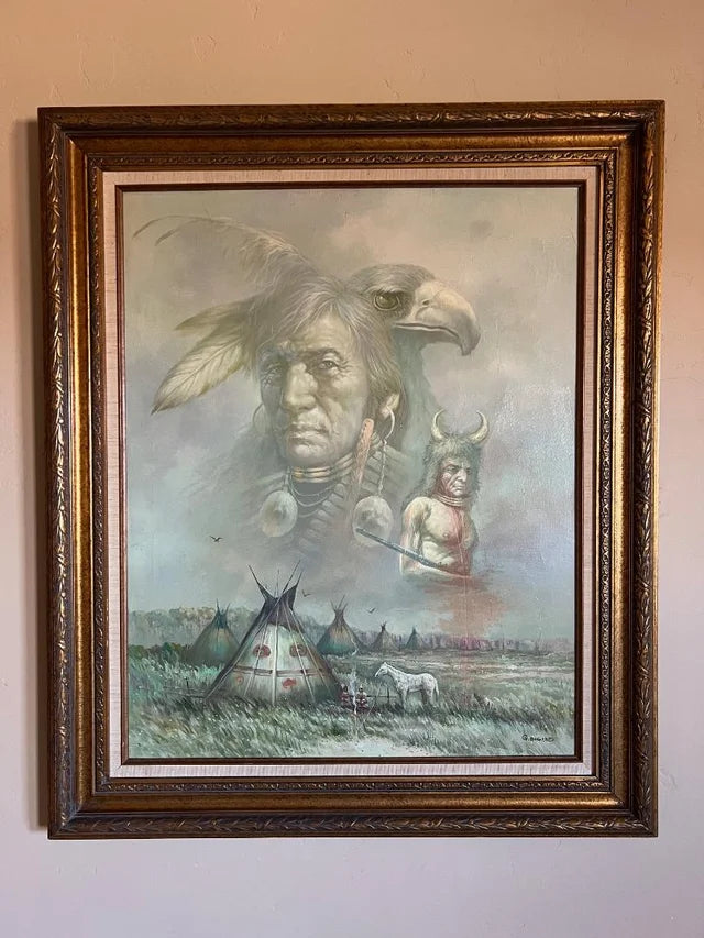 Oil Painting On Canvas by G. BOGARD Native American Warrior
