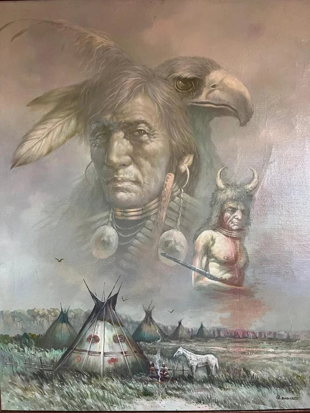 Oil Painting On Canvas by G. BOGARD Native American Warrior