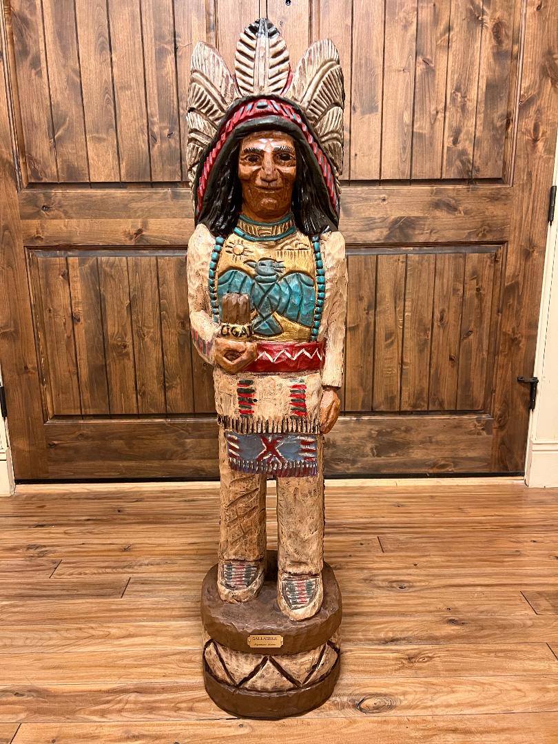 Vintage Ralph Gallagher Signature Series 4 ft Cigar Store Indian carved wooden statue