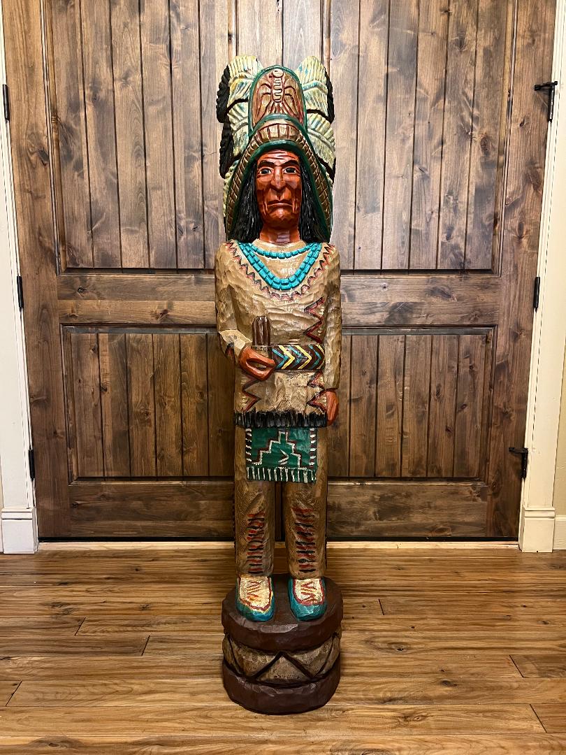 Vintage Ralph Gallagher 5 Ft Cigar Store Indian Carved Wooden Statue