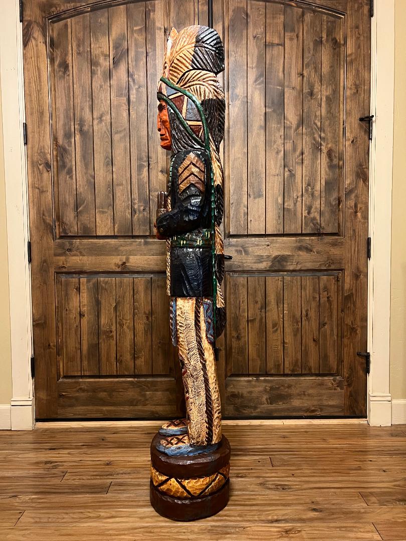 Vintage Frank Gallagher 6 ft Cigar Store Indian Blue Coat Carved Wooden Statue