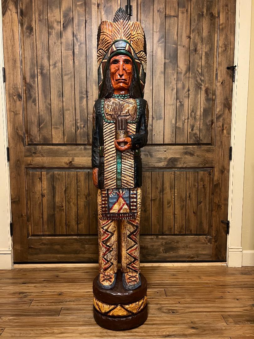 Vintage Frank Gallagher 6 ft Cigar Store Indian Blue Coat Carved Wooden Statue