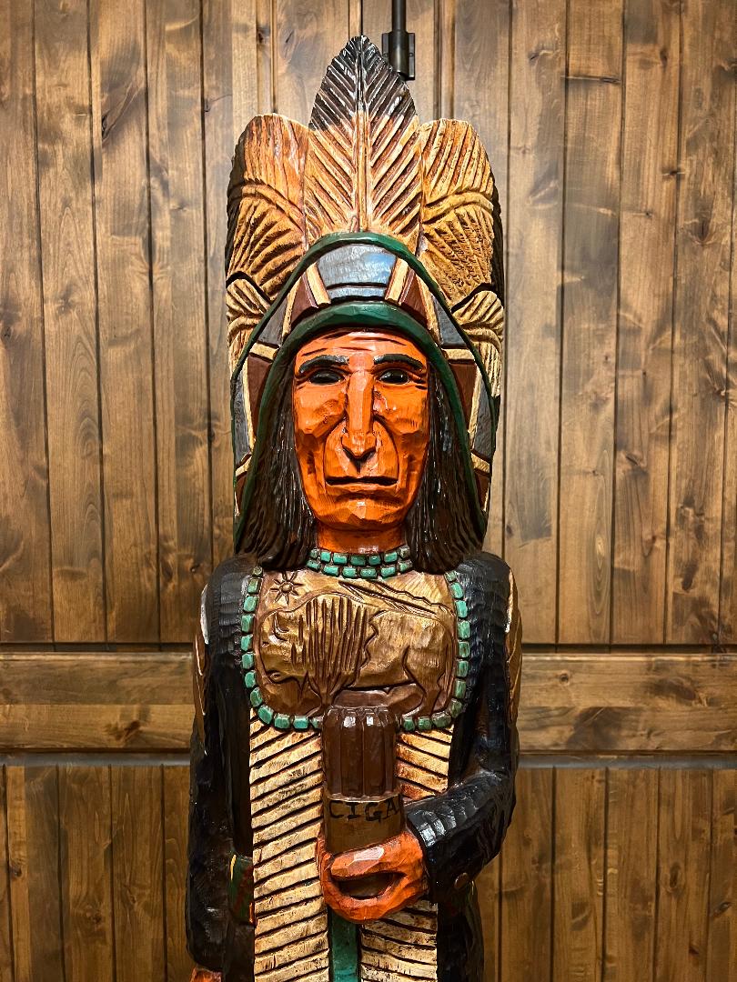 Vintage Frank Gallagher 6 ft Cigar Store Indian Blue Coat Carved Wooden Statue
