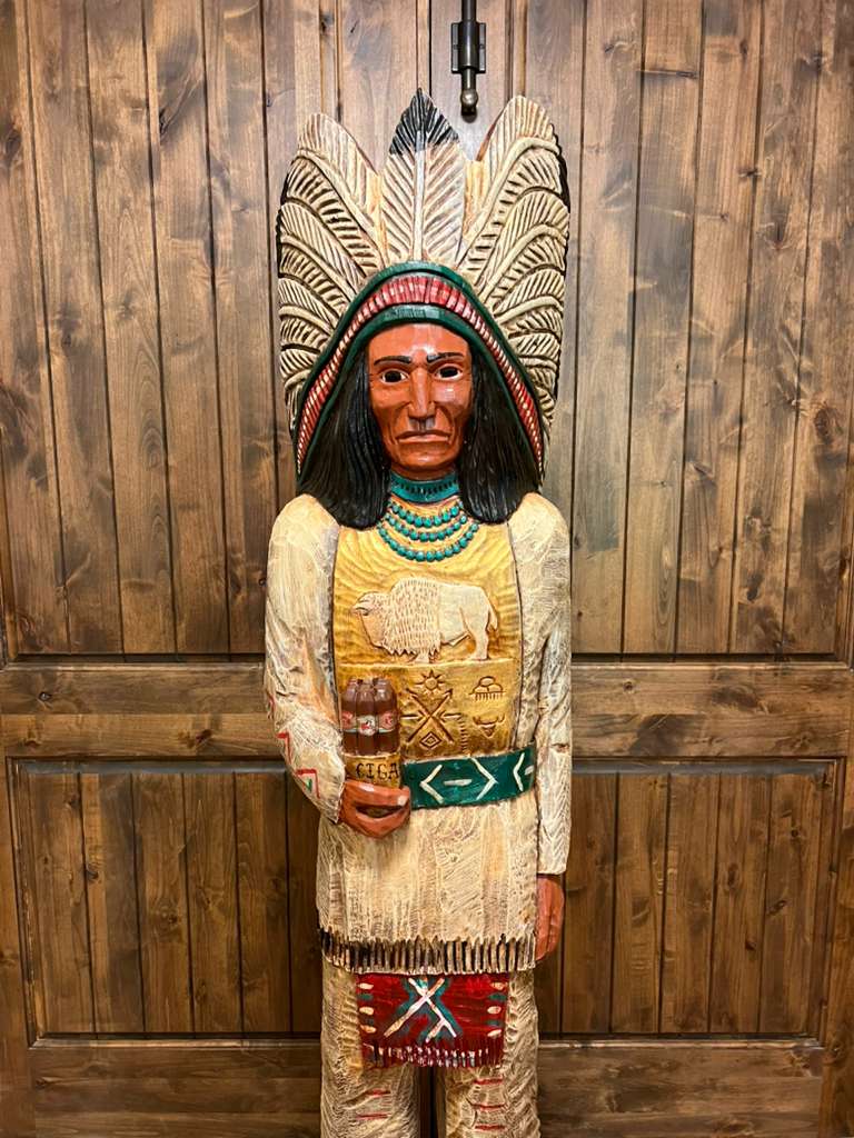 Vintage John Gallagher 6 Ft Cigar Store Indian Carved Wooden Statue