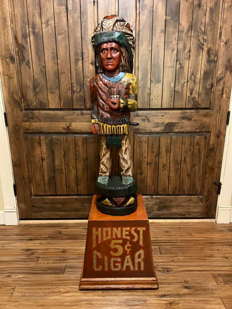 Vintage Pat Brumfield 65" Cigar Store Indian Wood Carving Statue
