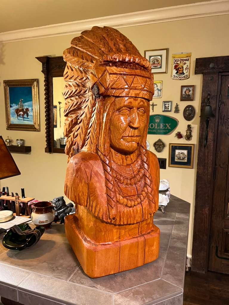 Cigar Store Indian Bust Vintage 35" Tall Wood Carving by Pat Brumfield Native American