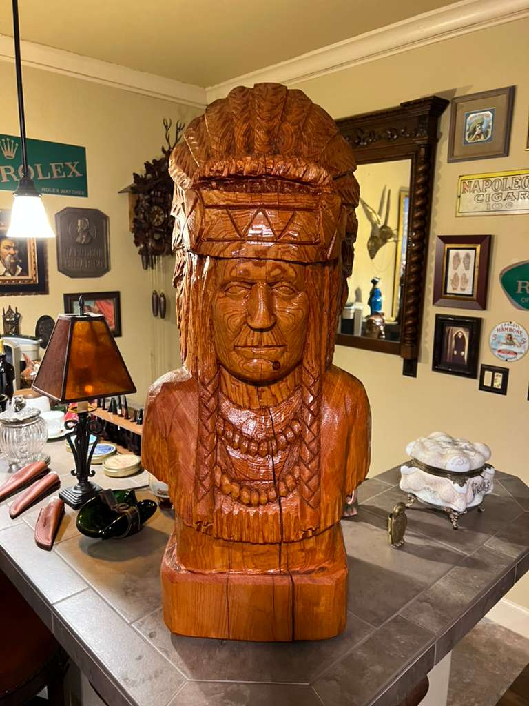 Cigar Store Indian Bust Vintage 35" Tall Wood Carving by Pat Brumfield Native American