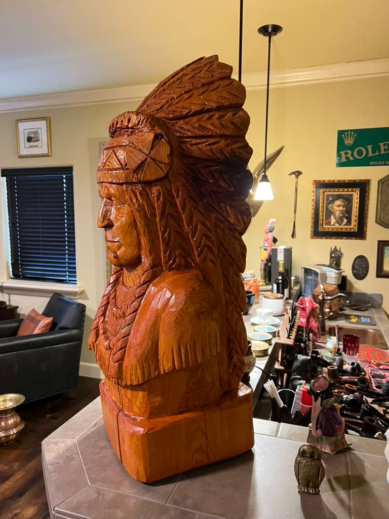 Cigar Store Indian Bust Vintage 35" Tall Wood Carving by Pat Brumfield Native American