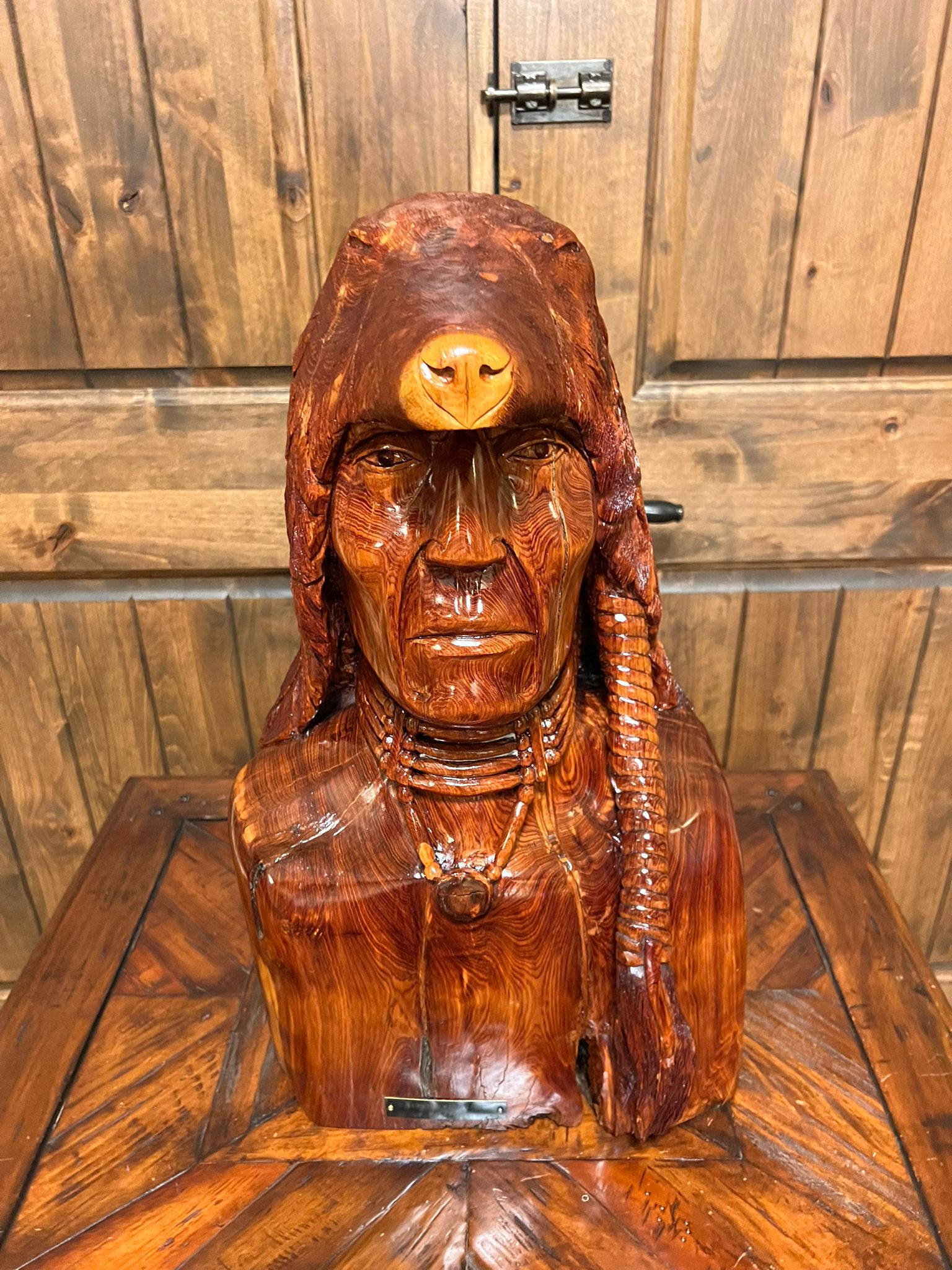 Medicine Man Indian Bust 22" Tall Wood Carving by Dean J Ross Native American