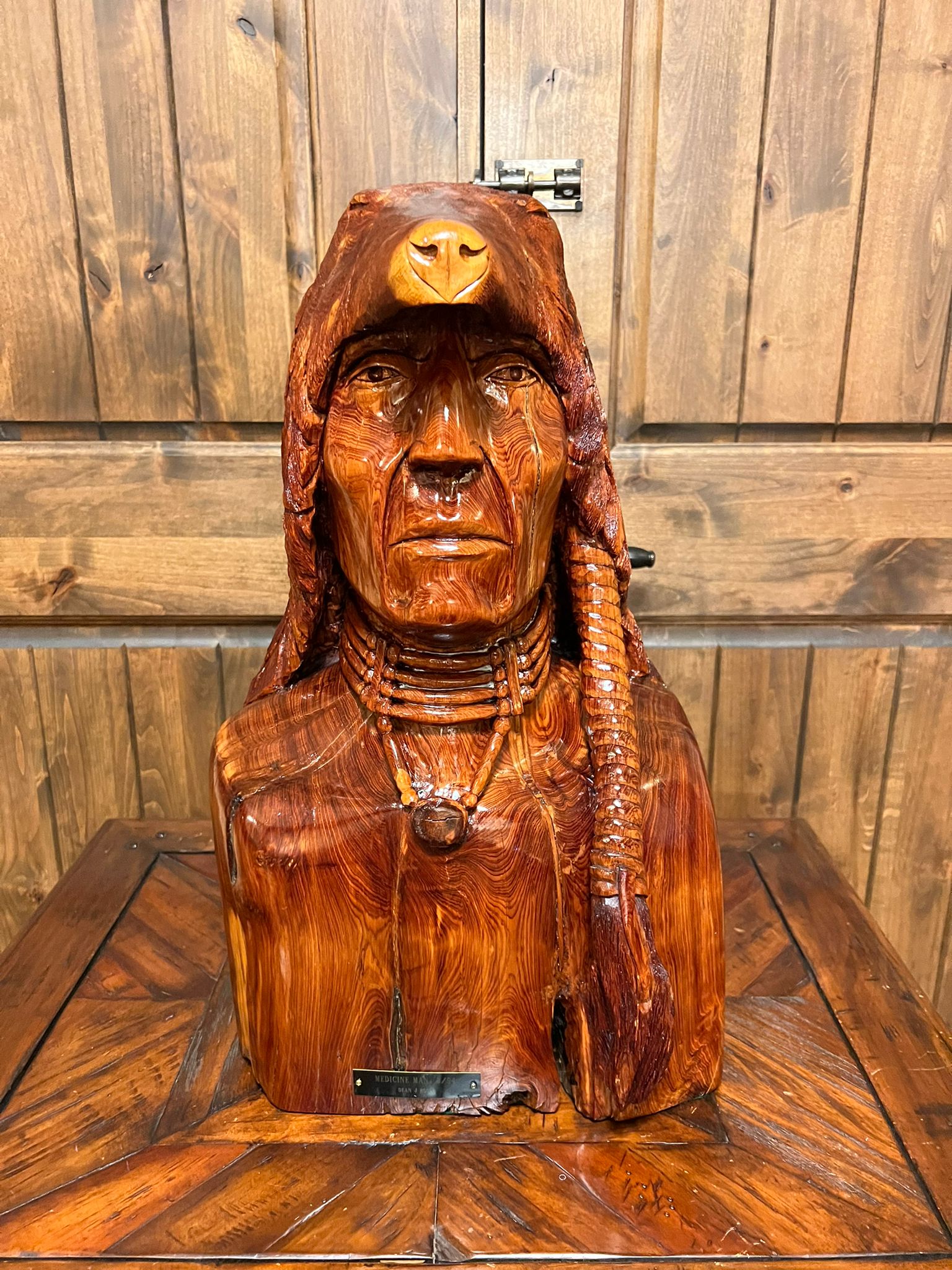 Medicine Man Indian Bust 22" Tall Wood Carving by Dean J Ross Native American