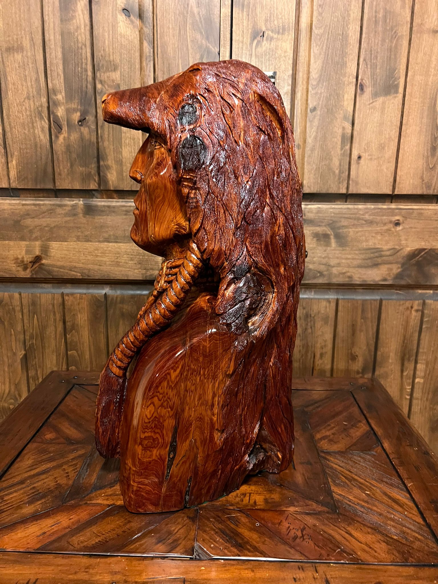 Medicine Man Indian Bust 22" Tall Wood Carving by Dean J Ross Native American
