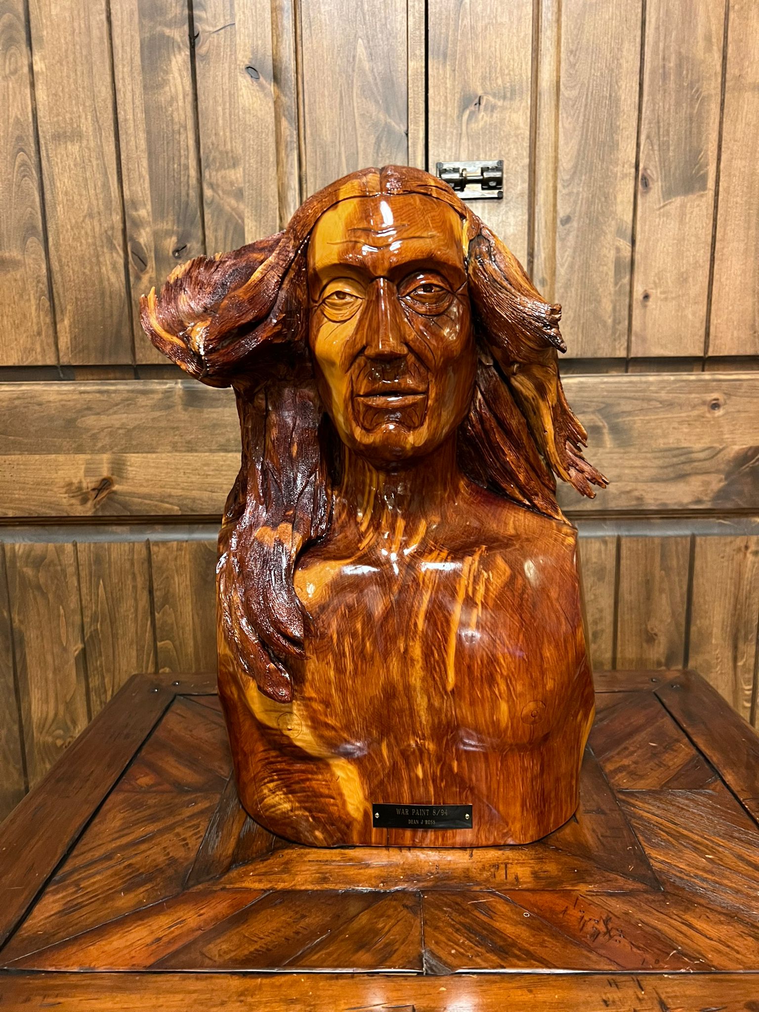 War Paint Indian Bust 20" Tall Wood Carving by Dean J Ross Native American