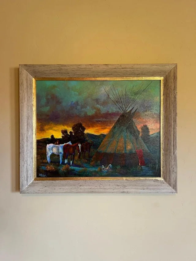 Oil Painting On Canvas by Sam Iddings Native American Horses Tee Pee