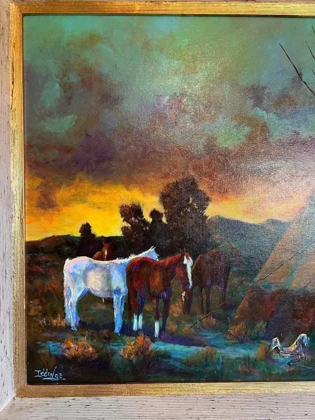 Oil Painting On Canvas by Sam Iddings Native American Horses Tee Pee