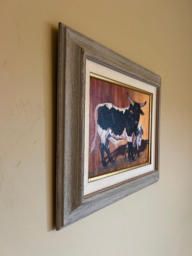 Oil On Board Painting by Patsi Wolfe Texas Longhorn Cow and Calf