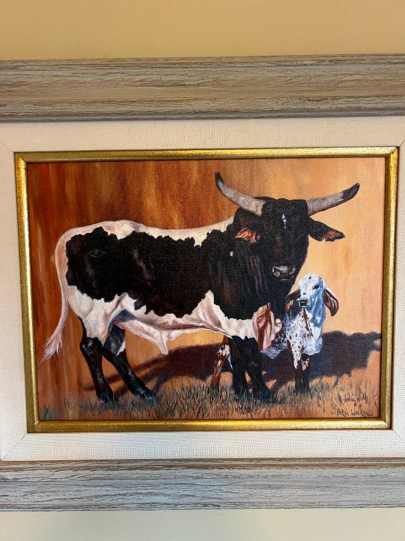Oil On Board Painting by Patsi Wolfe Texas Longhorn Cow and Calf