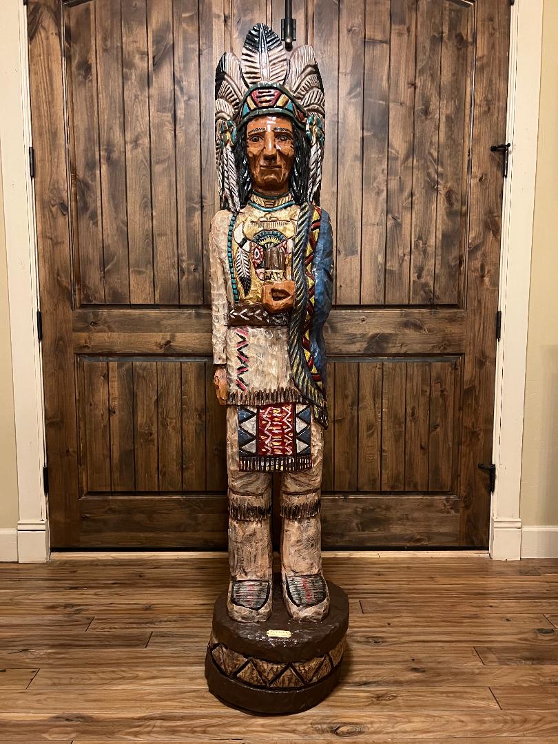 Vintage Ralph Gallagher Signature Series 6 ft Cigar Store Indian carved wooden statue