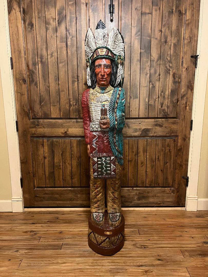 Vintage Ralph Gallagher Signature Series 6 ft Cigar Store Indian carved wooden statue