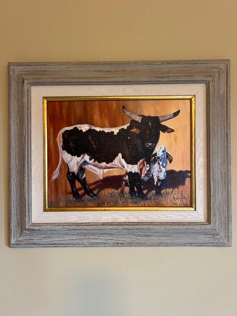 Oil On Board Painting by Patsi Wolfe Texas Longhorn Cow and Calf