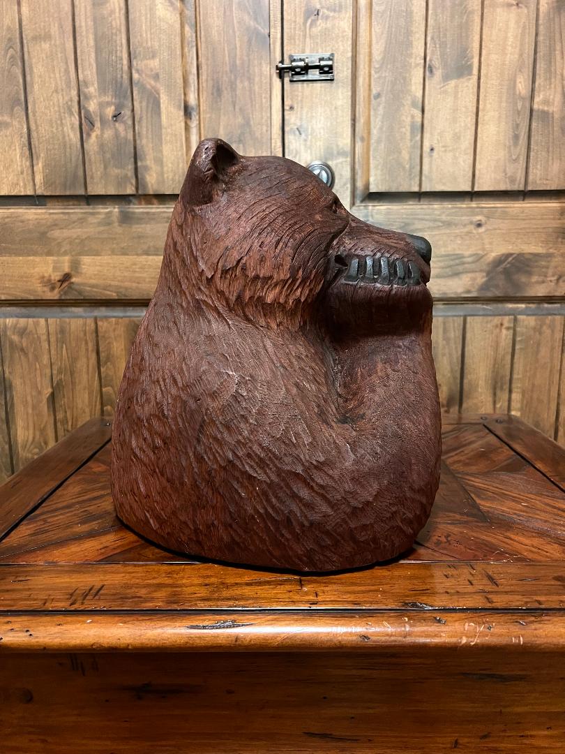 Carved Wooden Bear Bust 15" Statue By Artist R. L. Blair