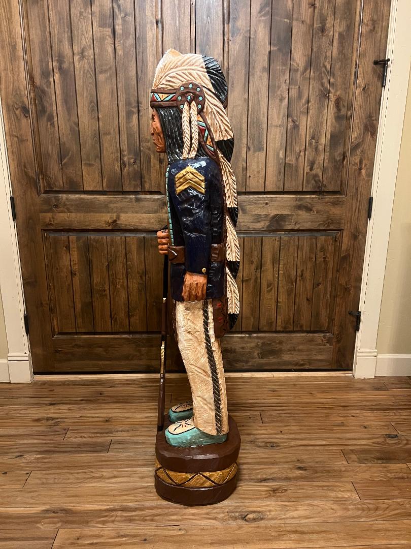 Frank Gallagher 5 Ft Cigar Store Indian Blue Coat with Rifle Carved Wooden Statue