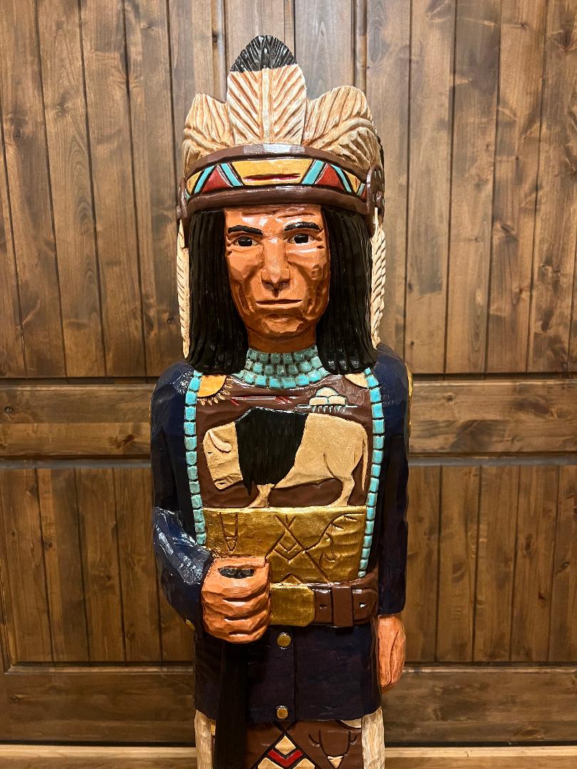 Frank Gallagher 5 Ft Cigar Store Indian Blue Coat with Rifle Carved Wooden Statue