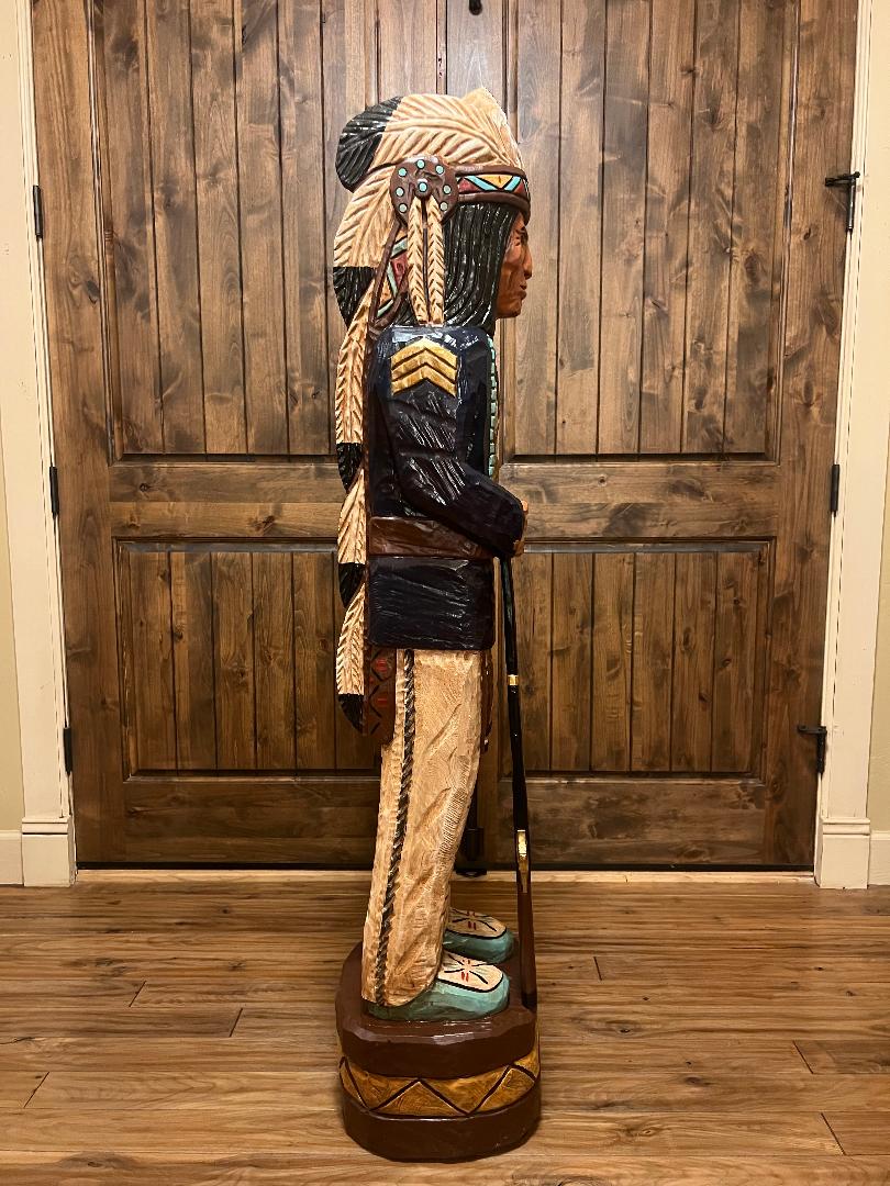 Frank Gallagher 5 Ft Cigar Store Indian Blue Coat with Rifle Carved Wooden Statue