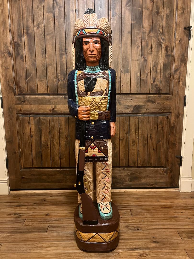 Frank Gallagher 5 Ft Cigar Store Indian Blue Coat with Rifle Carved Wooden Statue