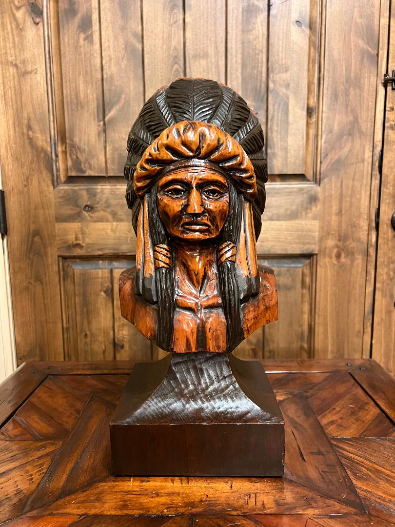 Vintage Ed Boggis 18.5" Indian Chief Carved Wooden Bust Statue