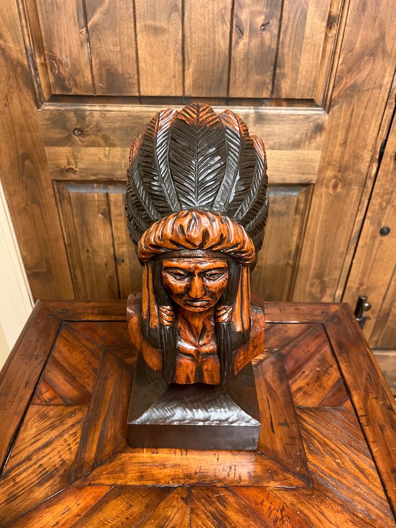 Vintage Ed Boggis 18.5" Indian Chief Carved Wooden Bust Statue