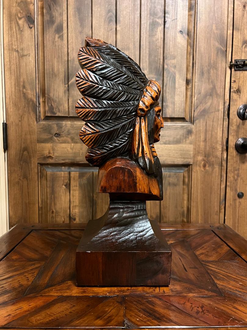 Vintage Ed Boggis 18.5" Indian Chief Carved Wooden Bust Statue