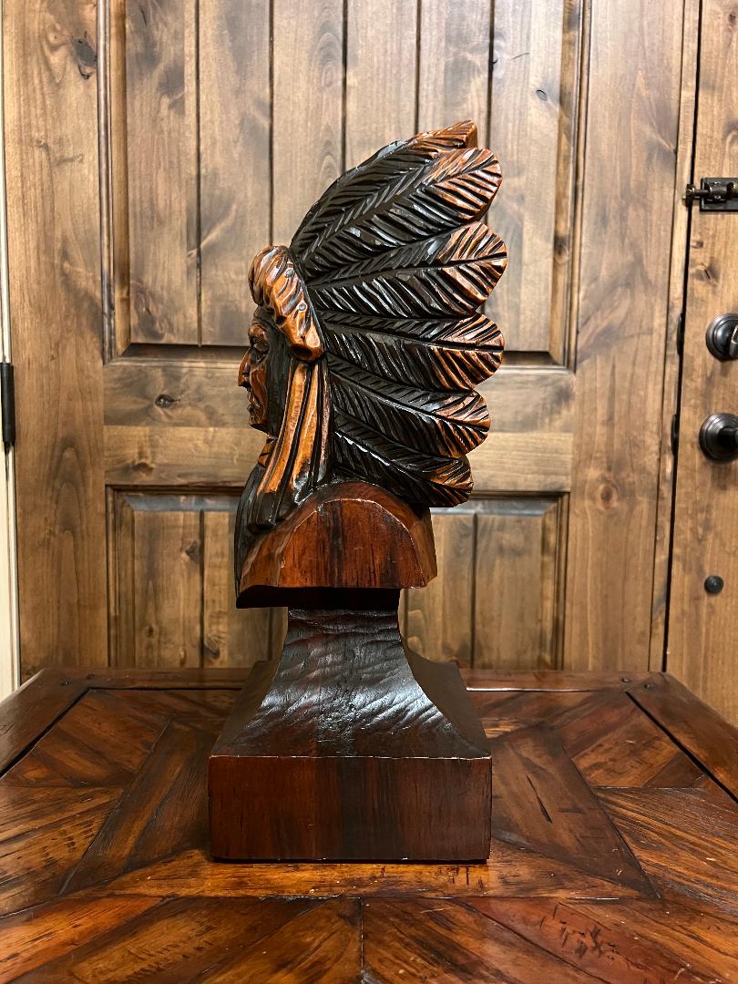 Vintage Ed Boggis 18.5" Indian Chief Carved Wooden Bust Statue