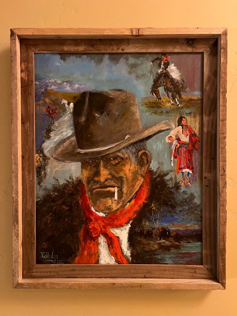 Oil On Board Painting by Sam Iddings Cowboy Native American Horses  Buffalo" Charlie's Trails "