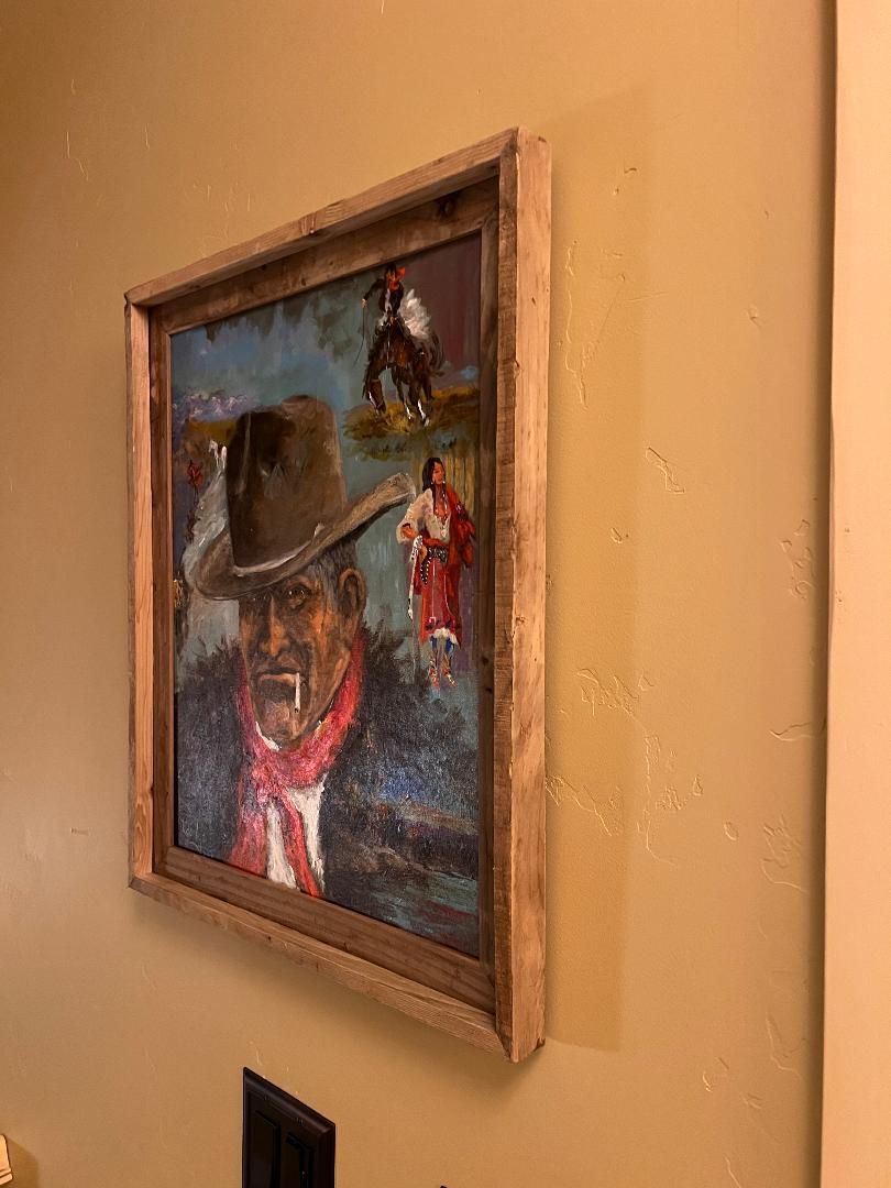 Oil On Board Painting by Sam Iddings Cowboy Native American Horses  Buffalo" Charlie's Trails "