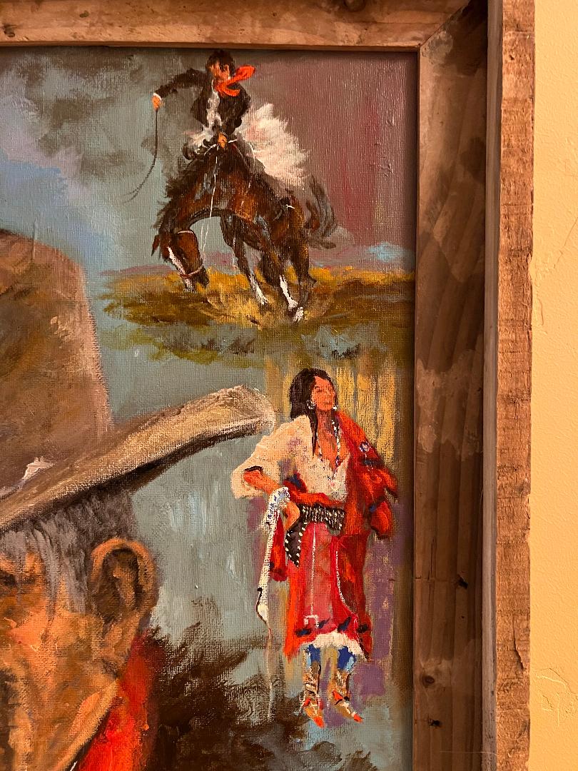 Oil On Board Painting by Sam Iddings Cowboy Native American Horses  Buffalo" Charlie's Trails "