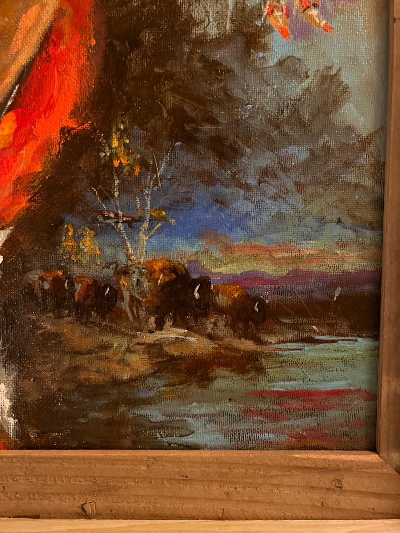Oil On Board Painting by Sam Iddings Cowboy Native American Horses  Buffalo" Charlie's Trails "