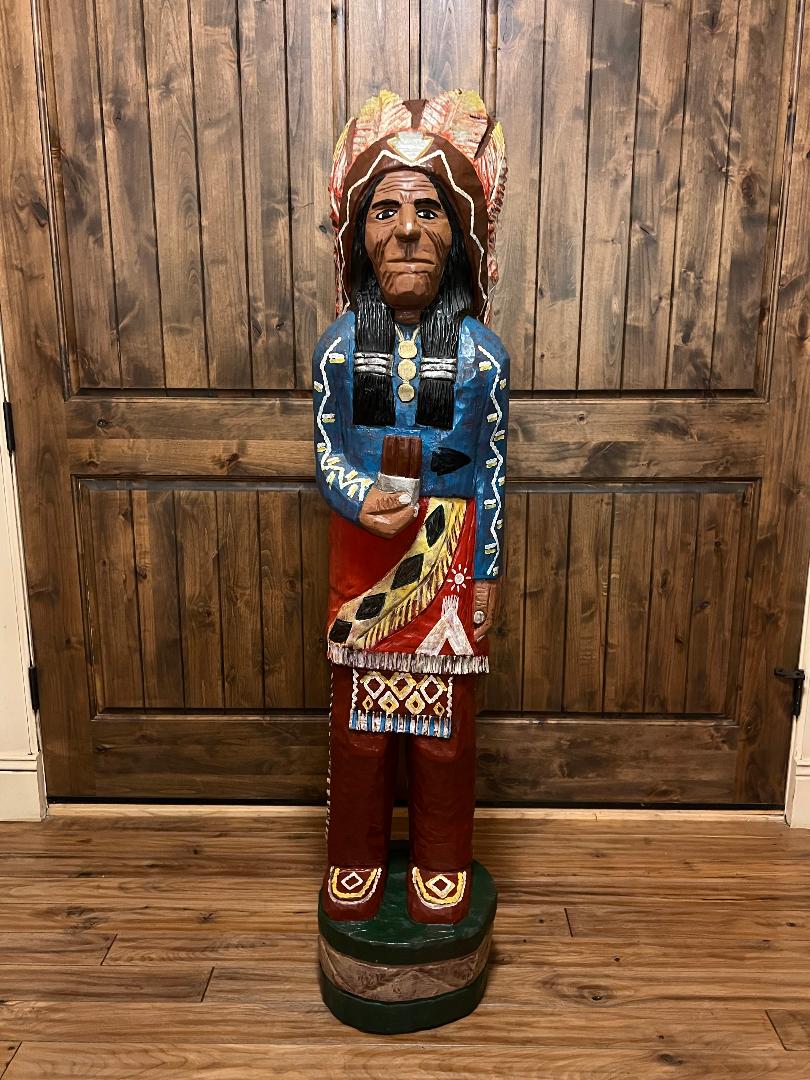 Vintage Delaney 5 Ft Cigar Store Indian Carved Wooden Statue