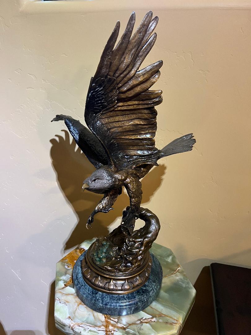 Bronze Eagle Sculpture 22" On Marble Base By French Artist Jules Moigniez