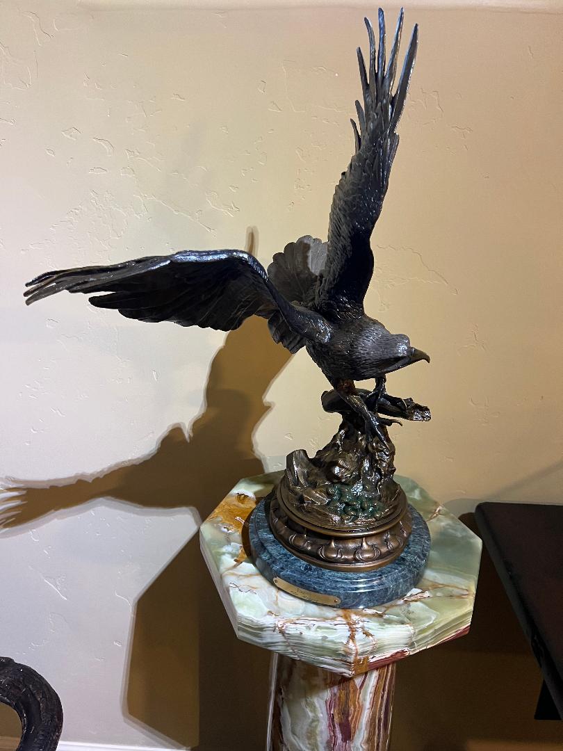 Bronze Eagle Sculpture 22" On Marble Base By French Artist Jules Moigniez