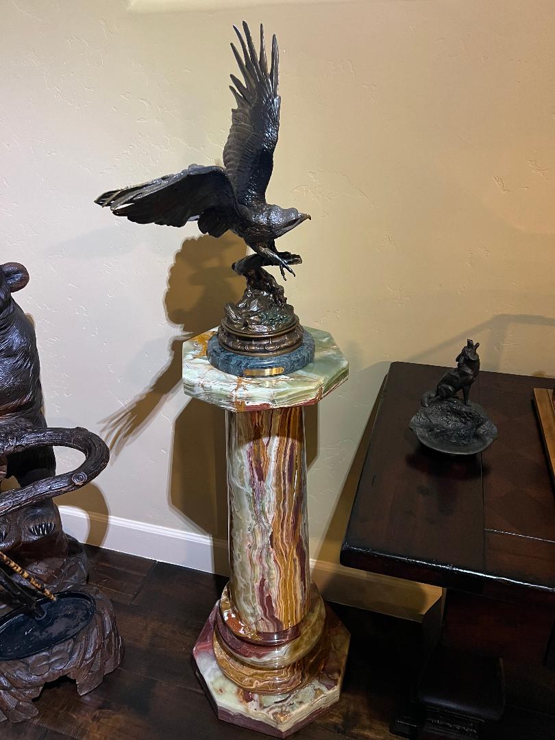 Bronze Eagle Sculpture 22" On Marble Base By French Artist Jules Moigniez