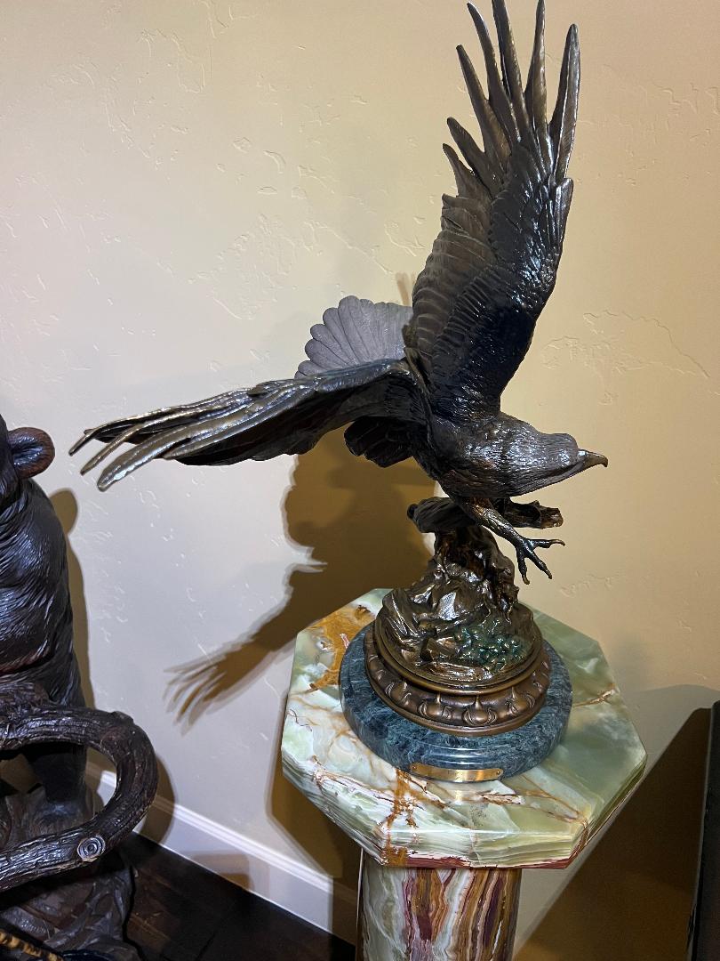 Bronze Eagle Sculpture 22" On Marble Base By French Artist Jules Moigniez