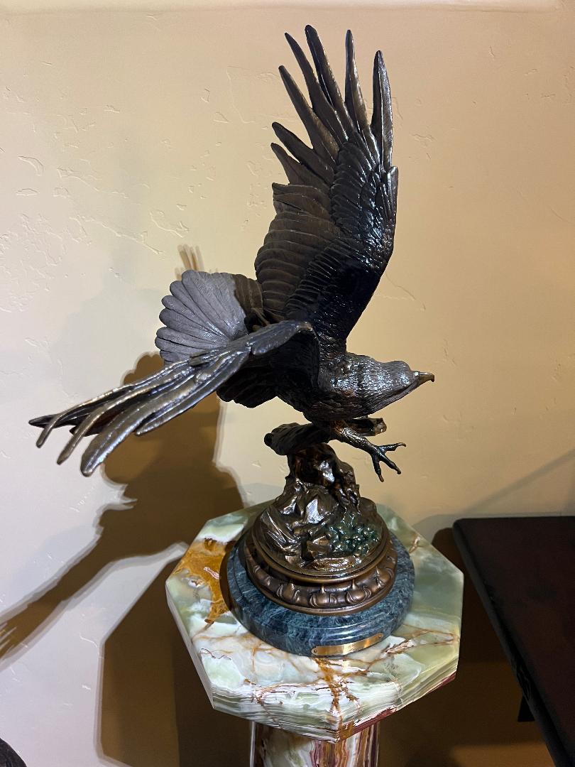 Bronze Eagle Sculpture 22" On Marble Base By French Artist Jules Moigniez