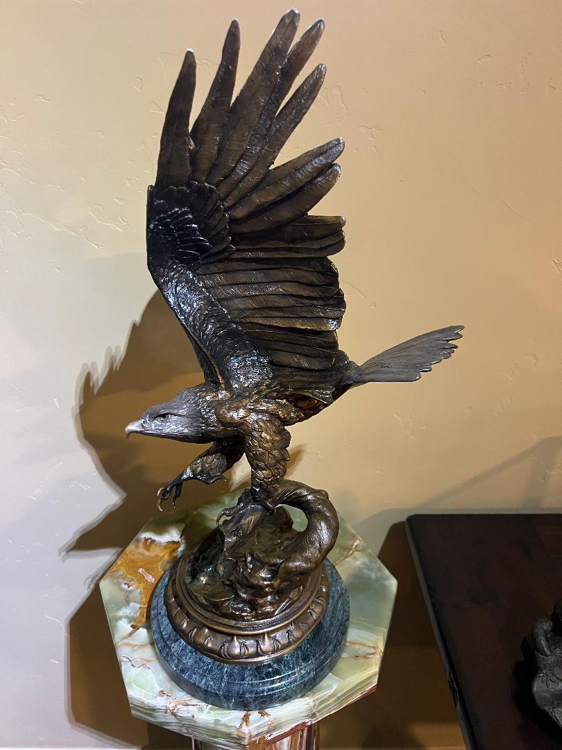 Bronze Eagle Sculpture 22" On Marble Base By French Artist Jules Moigniez