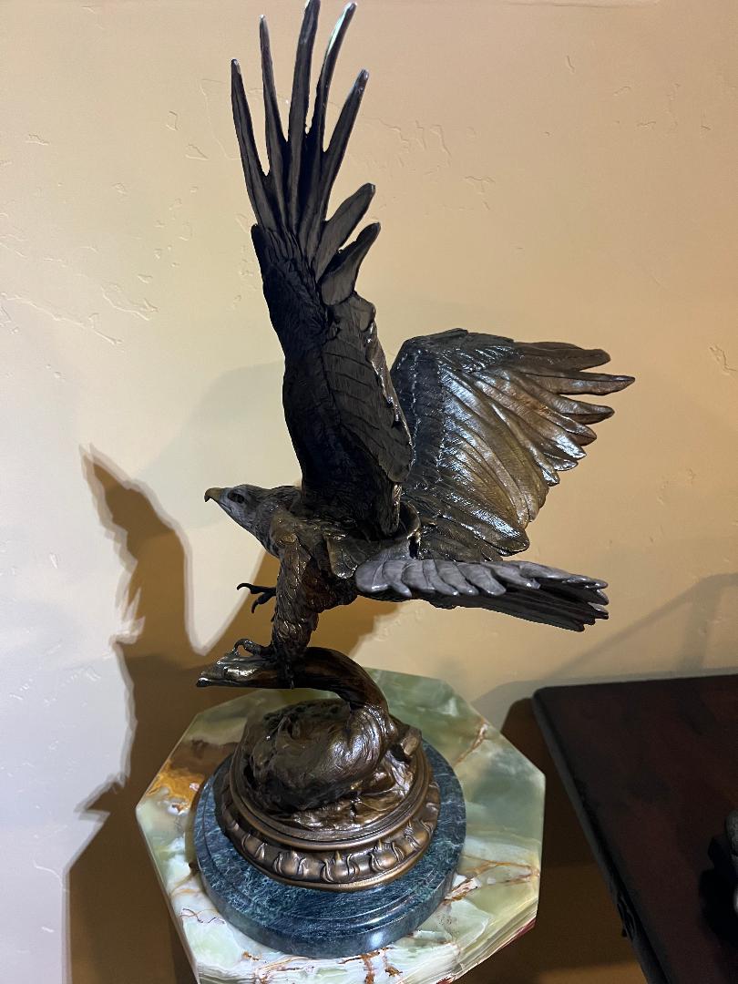 Bronze Eagle Sculpture 22" On Marble Base By French Artist Jules Moigniez