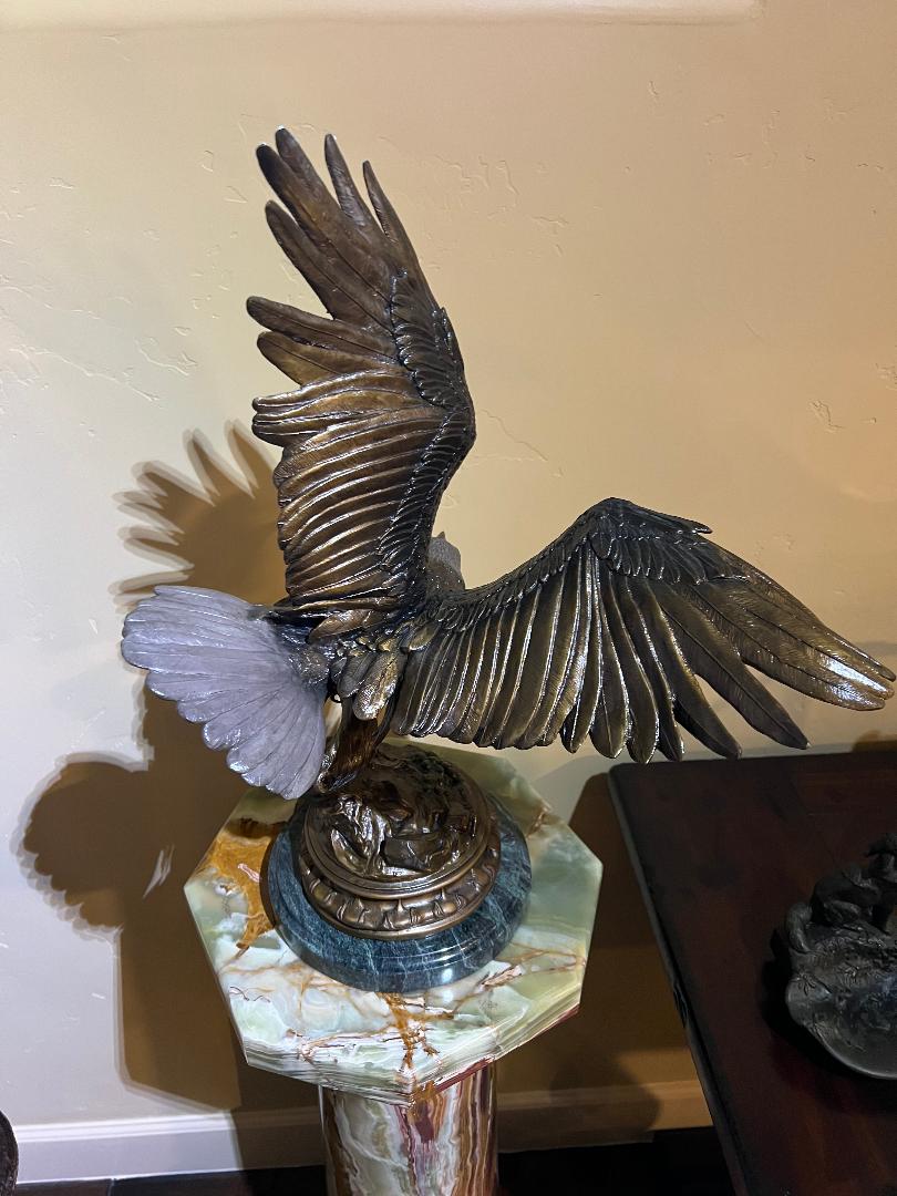Bronze Eagle Sculpture 22" On Marble Base By French Artist Jules Moigniez