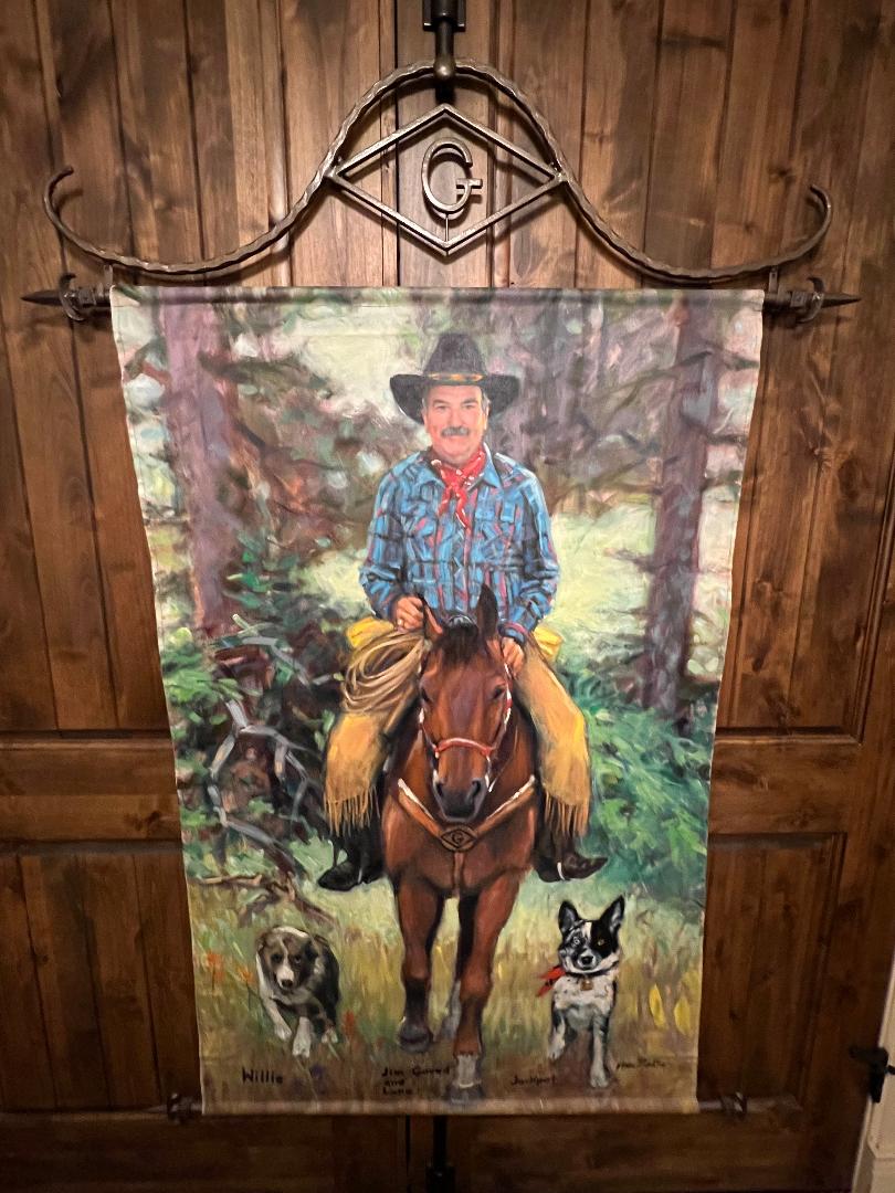 Oil On Canvas Painting by Anne Merkley Cowboy with Horse and Dogs