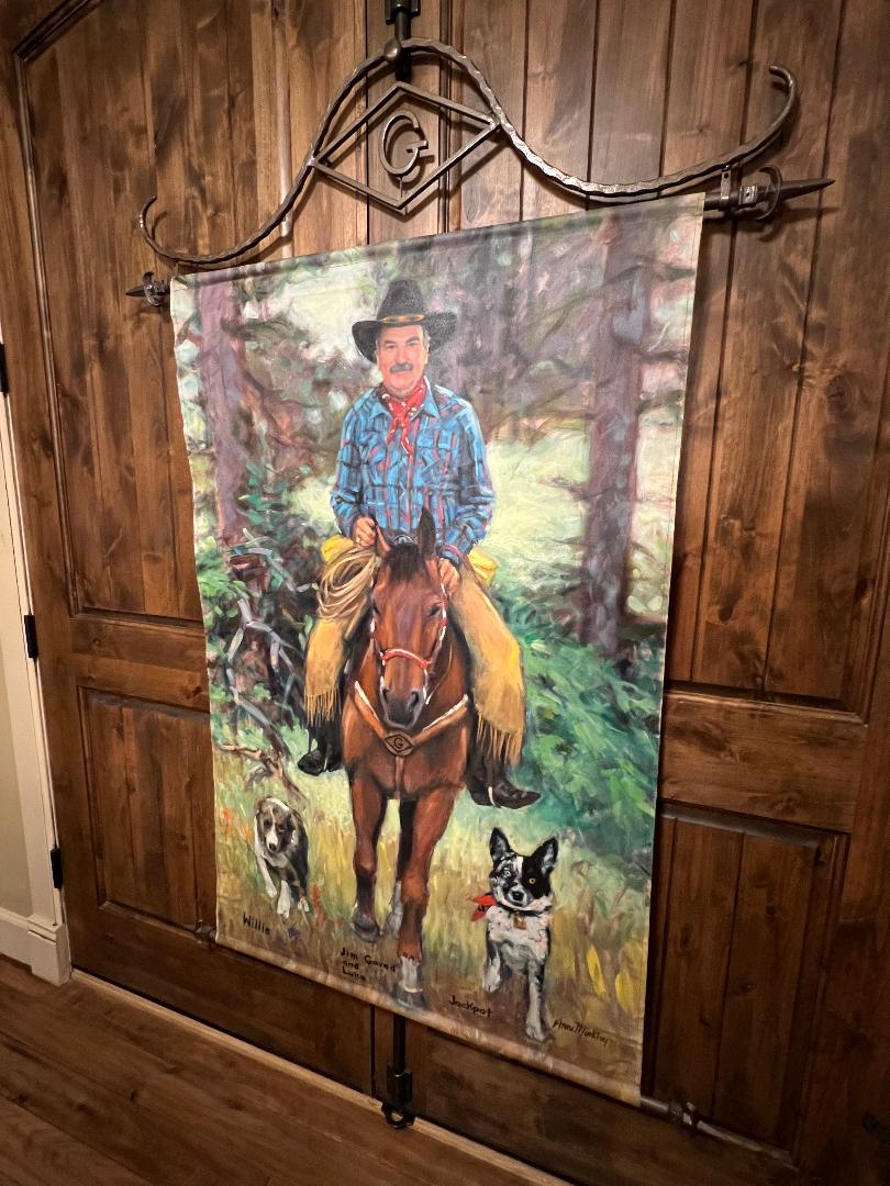 Oil On Canvas Painting by Anne Merkley Cowboy with Horse and Dogs