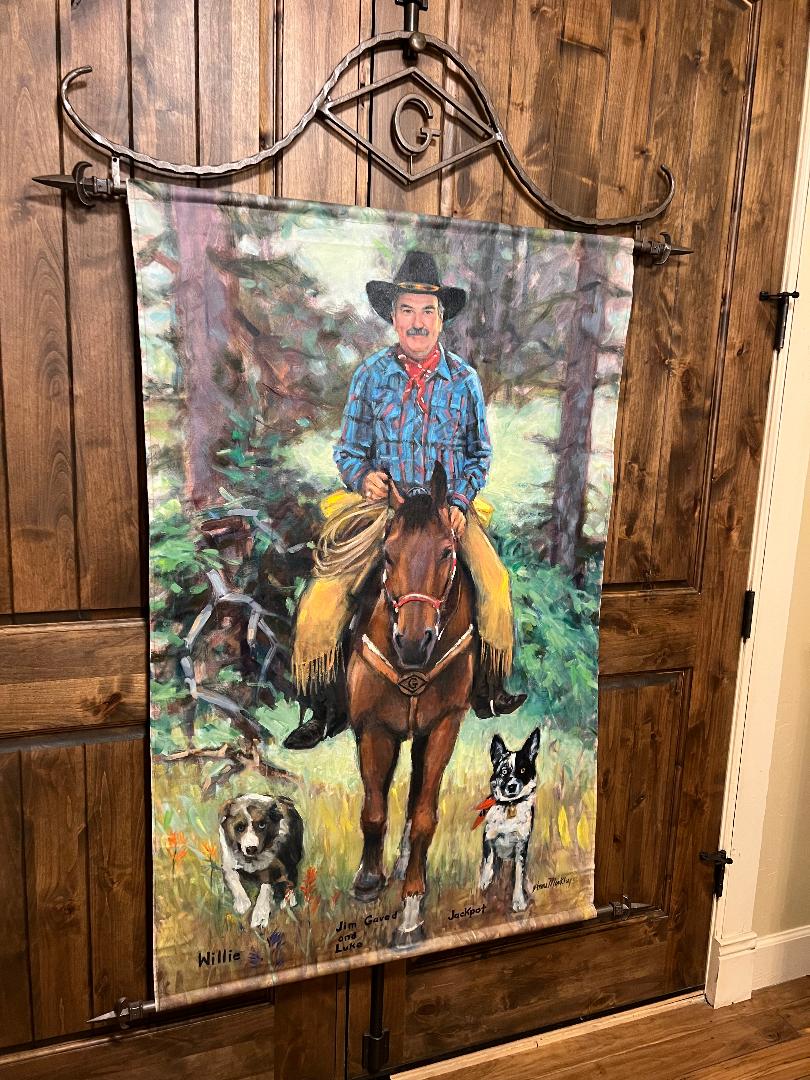 Oil On Canvas Painting by Anne Merkley Cowboy with Horse and Dogs