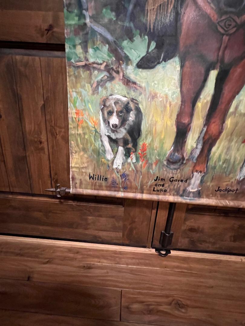 Oil On Canvas Painting by Anne Merkley Cowboy with Horse and Dogs